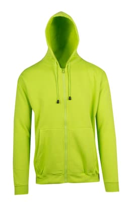 A bright green zip hoodie featuring a front pocket and a hood, complete with drawstrings and a logo.