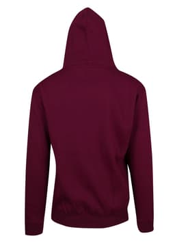 A maroon men's zip hoodie with a pocket and a hood, featuring a logo on the front.