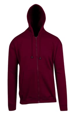 A maroon zip hoodie with a pocket and a hood, featuring a logo on the front.