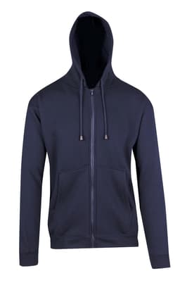 A navy men's zip hoodie featuring a front pocket and drawstring hood, with a logo on the chest.