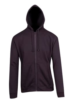 A dark grey zip hoodie with a front pocket and a hood, featuring a logo on the side.