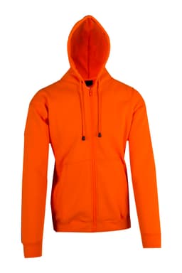 An orange zip hoodie with a pocket and a hood, featuring a logo on the sleeve.