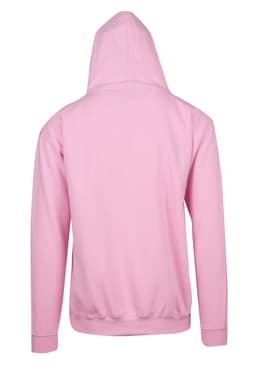 A pink men's zip hoodie with a pocket, featuring a solid colour design and a hood.
