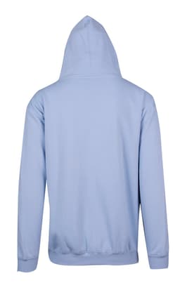 A light blue men's zip hoodie with a pocket, featuring a hood and a ribbed hem at the back.