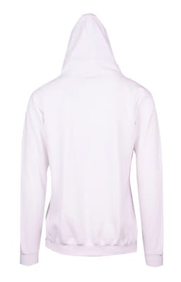 A white men's zip hoodie with a pocket, featuring a plain back view and a hood.