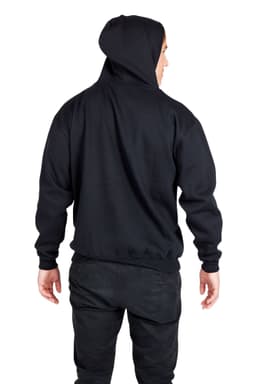 A black zip hoodie with a pocket, worn by a man standing sideways, showcasing the garment's relaxed fit.