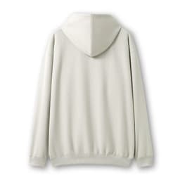 A light grey men's zip hoodie featuring a hood and a back view with a pocket. It has a plain design.
