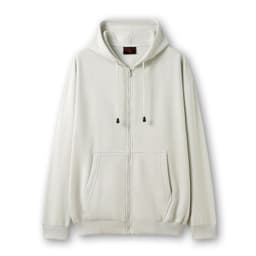 A light grey men's zip hoodie with a pocket, featuring a hood and elasticised cuffs. It has a logo on the label.