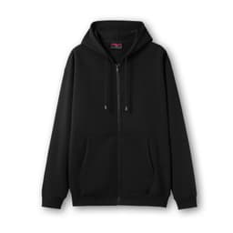 A black men's zip hoodie featuring a front pocket and a hood. The hoodie has a logo.