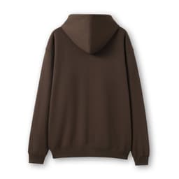 A dark brown men's zip hoodie with a pocket, featuring a hood and a simple back design.