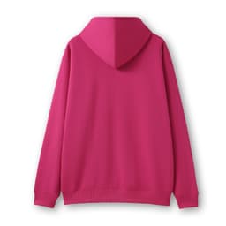 A pink men's zip hoodie with a pocket, featuring a hood and long sleeves, displayed from the back.