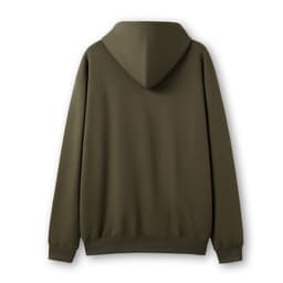 A men's zip hoodie in a dark olive green colour, featuring a back view with a hood. It has a logo on the garment.