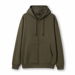 A men's zip hoodie in olive green with a front pocket and a drawstring hood. Features a logo on the label.