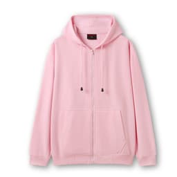 A pink zip hoodie featuring a front pocket and a hood, with an attached logo.
