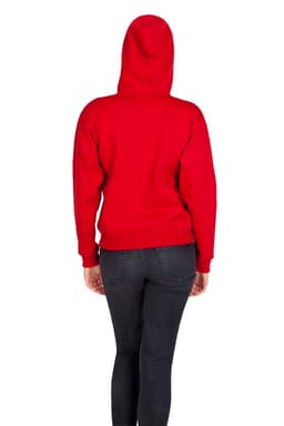 A red women's zipper hoodie with pockets, featuring a drawstring hood, modelled by a woman in fitted jeans.