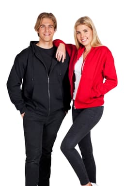A red women's/juniors hoodie with a pocket, featuring a hood, showcased from the back.
