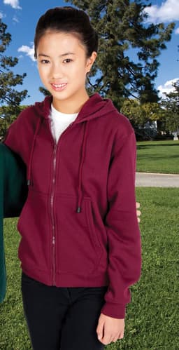 A black zipped hoodie worn by a male model and a red zipped hoodie worn by a female model, both with pockets.