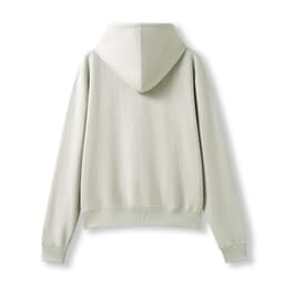 A light grey women's/juniors zipper hoodie with a hood and long sleeves, featuring a pocket at the front.