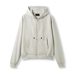 A light grey women's zip-up hoodie with a hood and front pocket, featuring a logo on the sleeve.