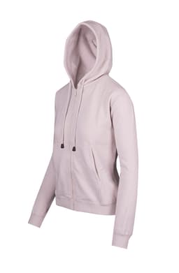 A light grey women's zippered hoodie with a pocket and drawstring hood, featuring a small logo.