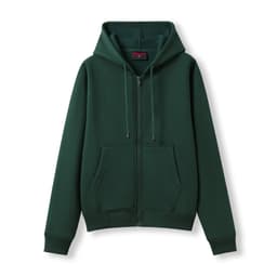 A dark green zipper hoodie with a pocket and a hood, featuring a logo on the front.