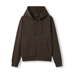 A dark brown women's zippered hoodie featuring a hood and front pocket, with a fitted design.