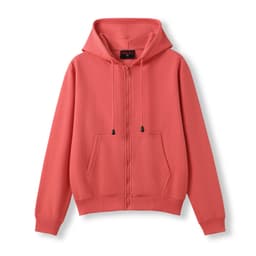 A red zipper hoodie for women and juniors featuring a front pocket and a hood. Includes a logo.