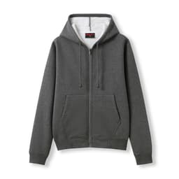 A grey women's juniors zipper hoodie with a pocket and a hood, featuring a logo on the front.