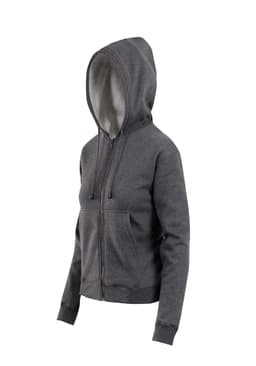 A grey women's juniors zipper hoodie with a pocket and a lined hood. It features a logo on the front.