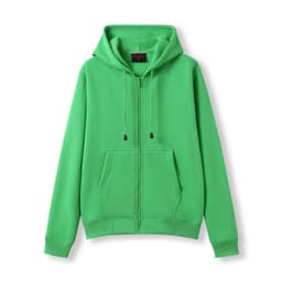 A green women's juniors zipper hoodie with a pocket and a hood. Features a logo on the front.