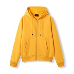 A yellow zippered hoodie with a pocket and a hood, featuring a drawstring.