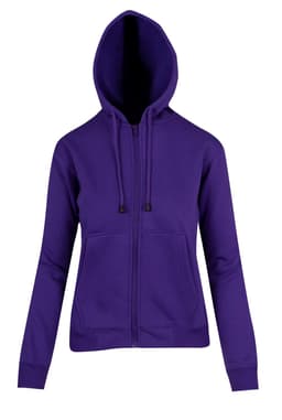 A purple women's juniors zip-up hoodie with a hood and front pockets. It features a logo on the front.