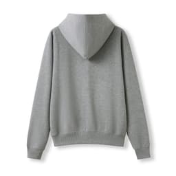 A grey women's juniors zipper hoodie with a hood and pocket, featuring a logo on the back.