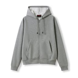 A grey zip-up hoodie featuring a hood and a front pocket, with a logo on the left chest area.