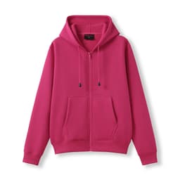 A bright pink women's zippered hoodie featuring a pocket. The hoodie has a hood and is made for juniors.
