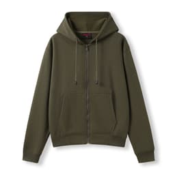 A women's juniors zippered hoodie in olive green, featuring a front pocket and a hood, with a logo.