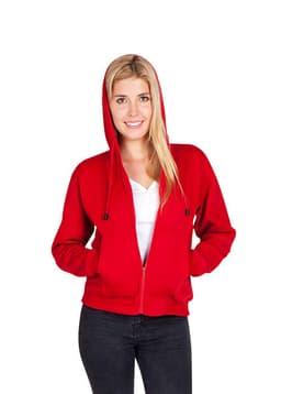 A red women's juniors zipper hoodie with a pocket, featuring a front zip and a hood.
