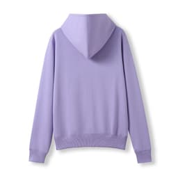 A lavender hoodie featuring a hood and long sleeves, with a pocket at the front. It has a logo on the garment.