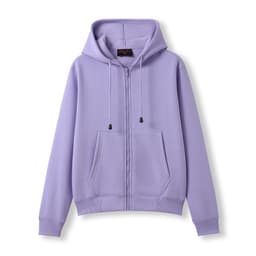 A purple zipper hoodie with a pocket and a drawstring hood, featuring a logo.