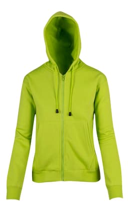 A bright green women's juniors zipper hoodie featuring a front pocket and a hood.