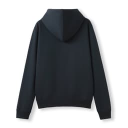 A black women's juniors zipper hoodie with a pocket and a hood, viewed from the back.