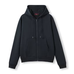 A navy women's junior zipper hoodie with a pocket and drawstrings on the hood, featuring a logo.
