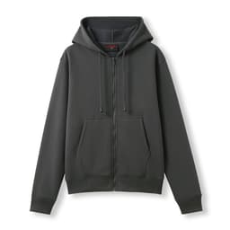 A women's zippered hoodie in black, featuring a front pocket and a hood, with a branded logo.