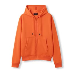 An orange zip-up hoodie with a pocket and a contrasting red hood, featuring a logo on the front.