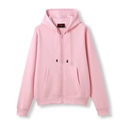 A pink women's juniors zipper hoodie with a front pocket and a drawstring hood. It features a logo.
