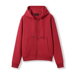 Red zipper hoodie with a front pocket and a hood, featuring a logo on it.