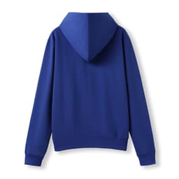 A blue women's juniors zipper hoodie with a pocket, featuring a hood and long sleeves.