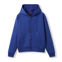 A blue women's zipper hoodie with a pocket and a hood, featuring a drawstring and long sleeves.