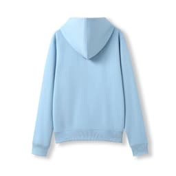 A light blue women's hoodie featuring a zippered front and a hood, with no visible logos.