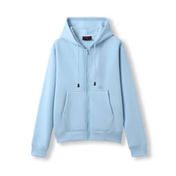 Light blue zipper hoodie featuring a pocket and drawstring hood. It has a simple, casual design and fitted cuffs.